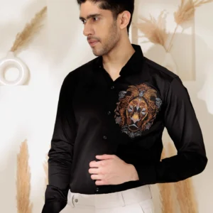 Alternative view of Foomer black lion embroidered club wear satin cotton shirt