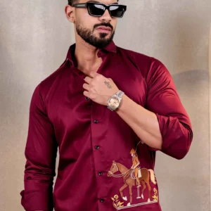 Maroon Rider embroidered luxury satin cotton men's shirt