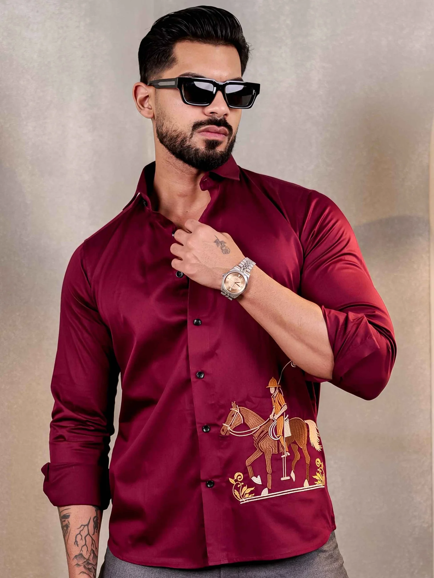 Maroon Rider embroidered luxury satin cotton men's shirt