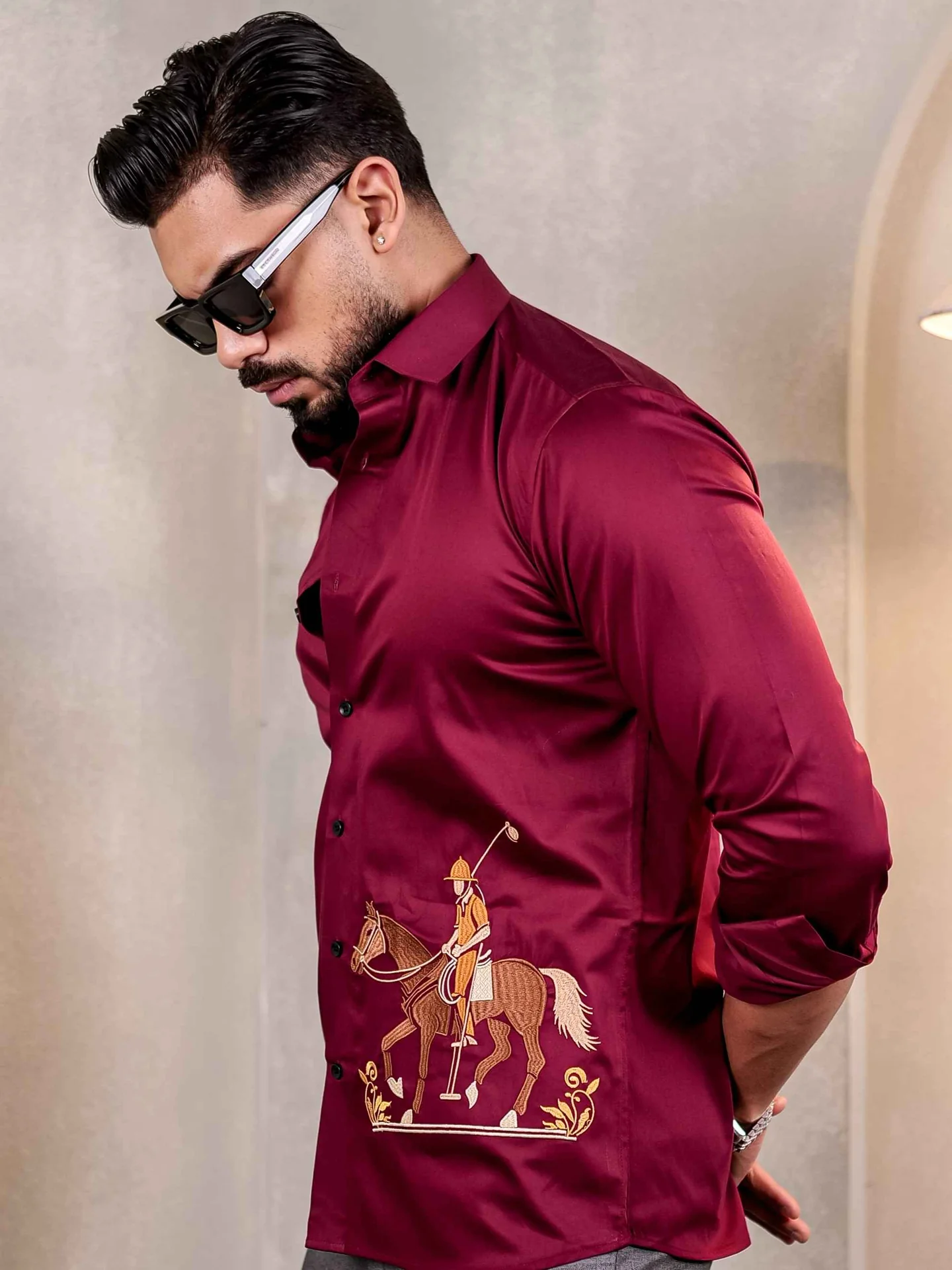 Maroon Rider embroidered luxury satin cotton men's shirt - Image 4