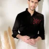 Black embroidered designer wear satin cotton shirt for men