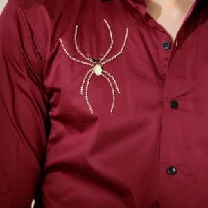 Alternative view of Maroon rhinestone hand work satin cotton premium shirt for men