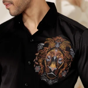 Alternative view of Black lion embroidered club wear satin cotton shirt