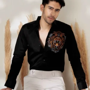 Black lion embroidered club wear satin cotton shirt